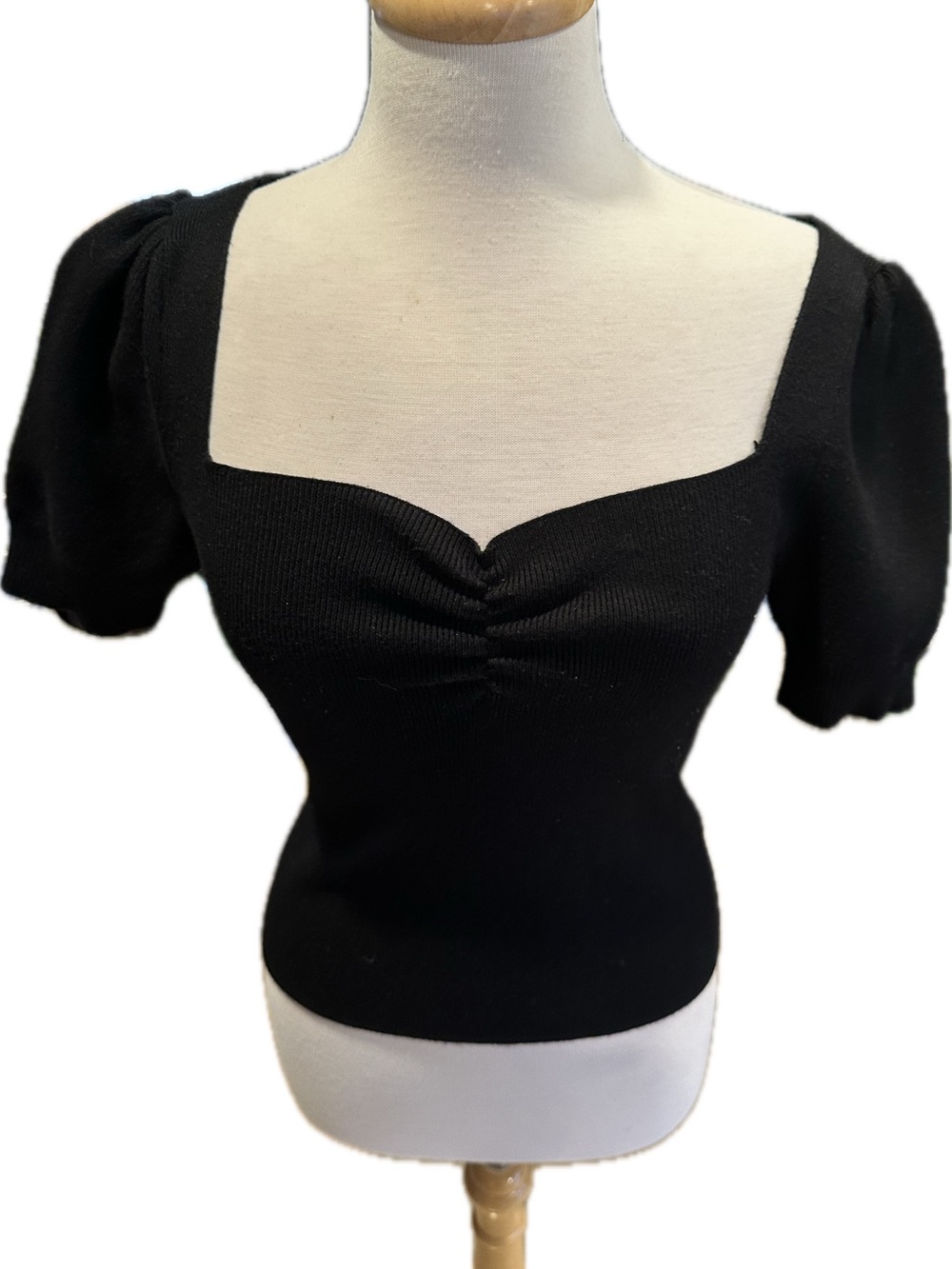 Anthropologie Black Square-Neck Puff Sleeve Knit Top